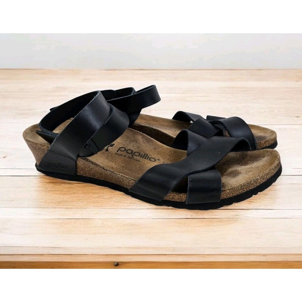 Papillio Birkenstock Lana Wedge Sandals Ankle Strap Leather Black 42 Comfort